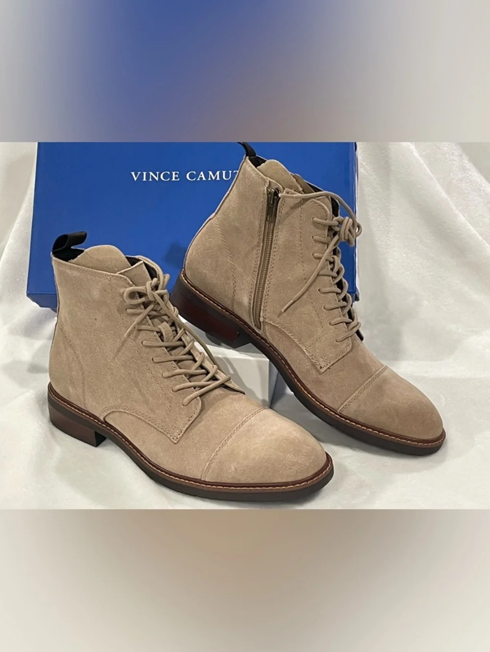 Vince Camuto Ferko Truffle Suede Tan Lace Up Boot Sz 8.5 BNWB